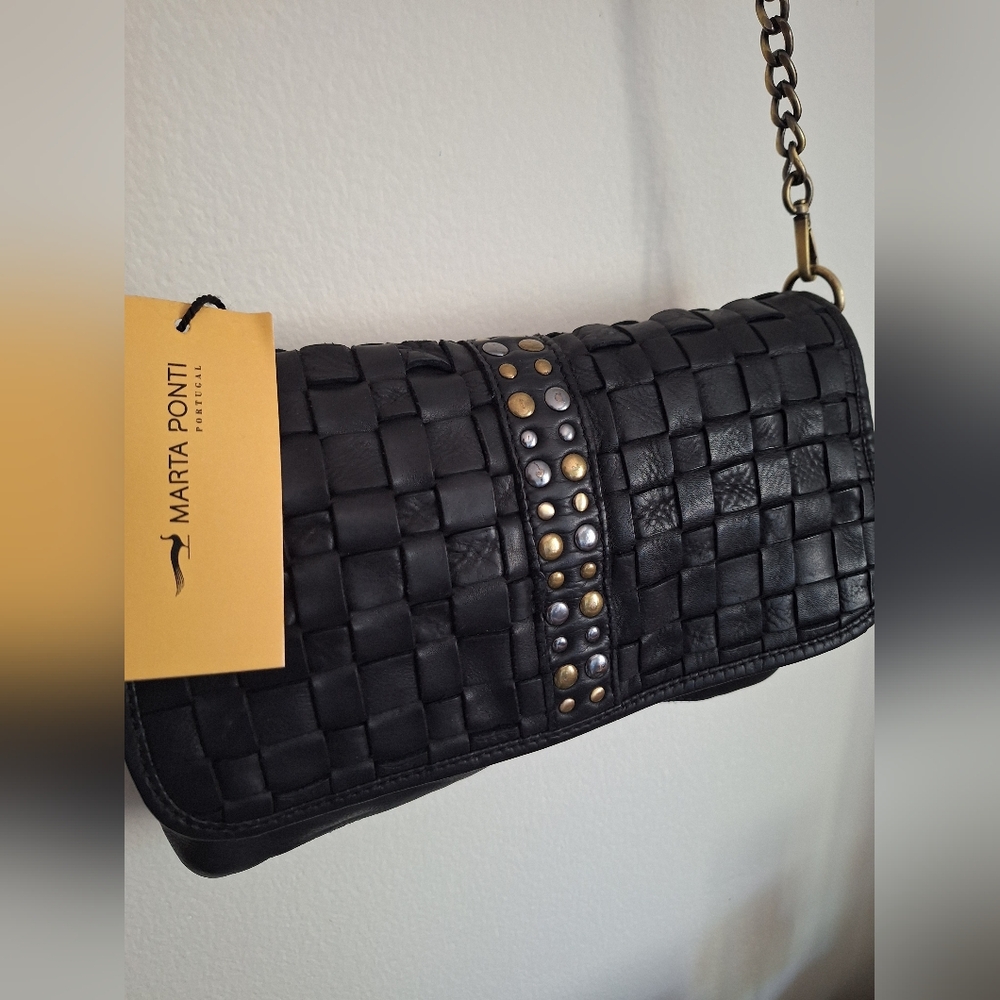 Marta Ponti Black Woven Leather Crossbody Bag Studded Flap Portugal